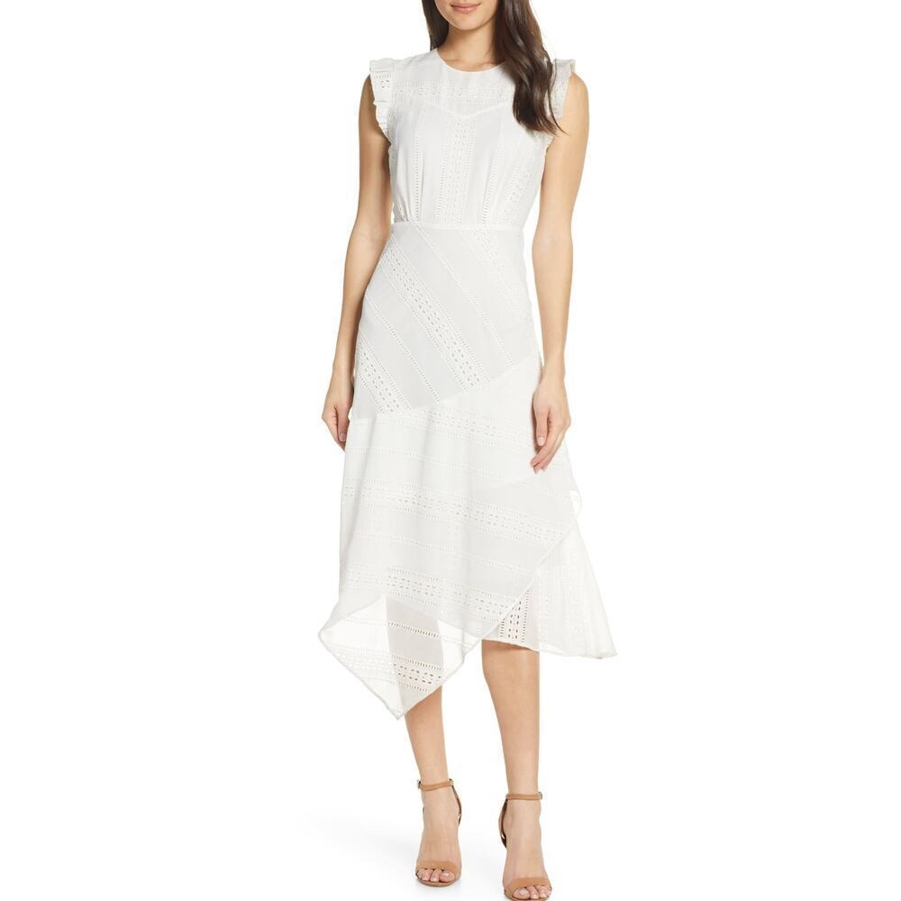 NWT Lenon Womens White Embroidered Eyelet Midi Dress M Asymmetrical Cottagecore